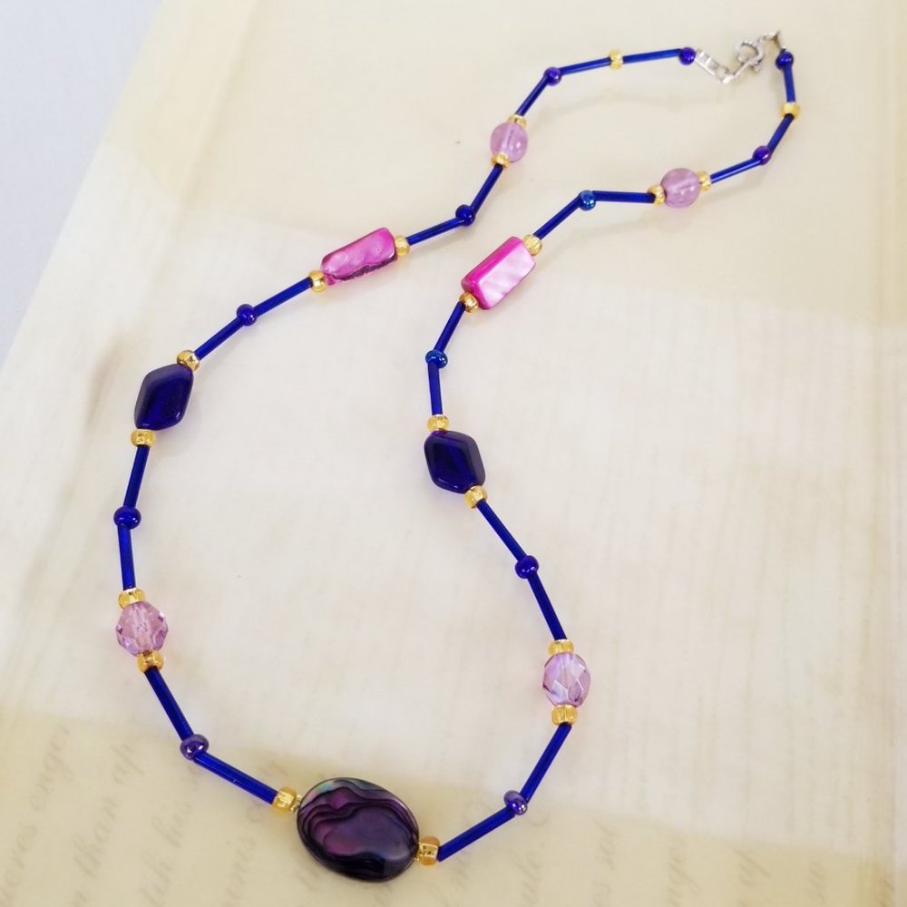 Handmade Cobalt Blue with Purple & Pink Beaded Necklace 18"